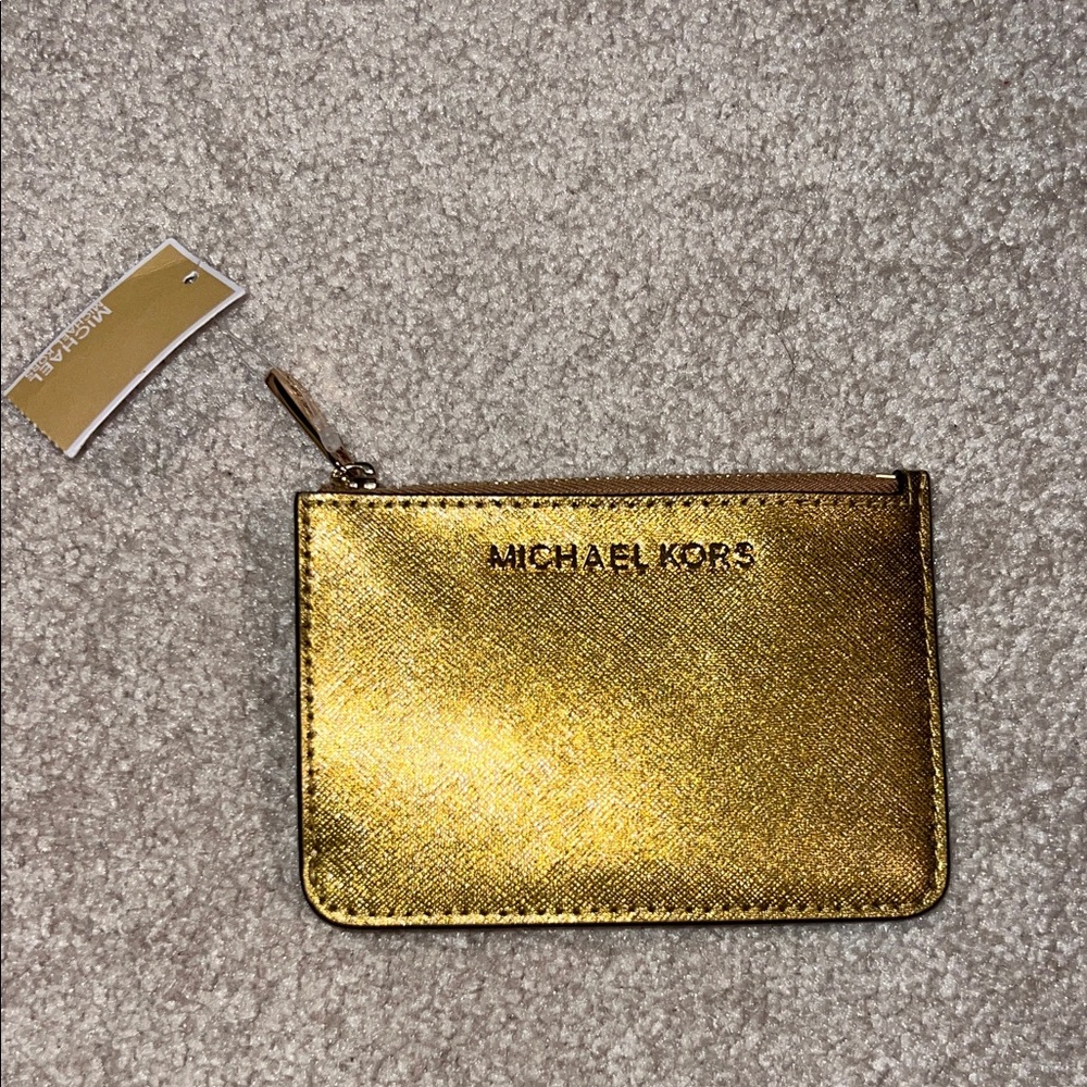 Michael Kors Gold Metallic Saffiano Zip Pouch/Card holder